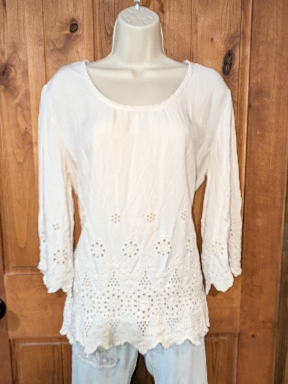 Sonoma Eyelet Scoop Neck White Blouse with Scalloped Hem